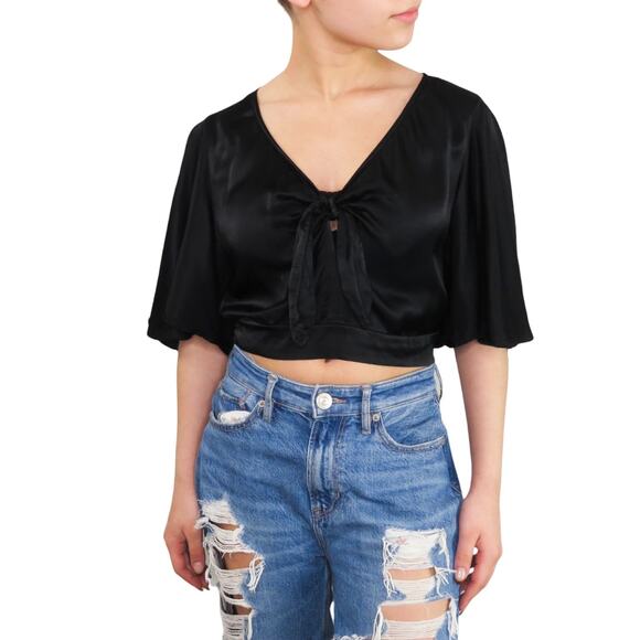 Express Black Tie Front Crop Top Satin Butterfly Top Cute Medium - Picture 1 of 10